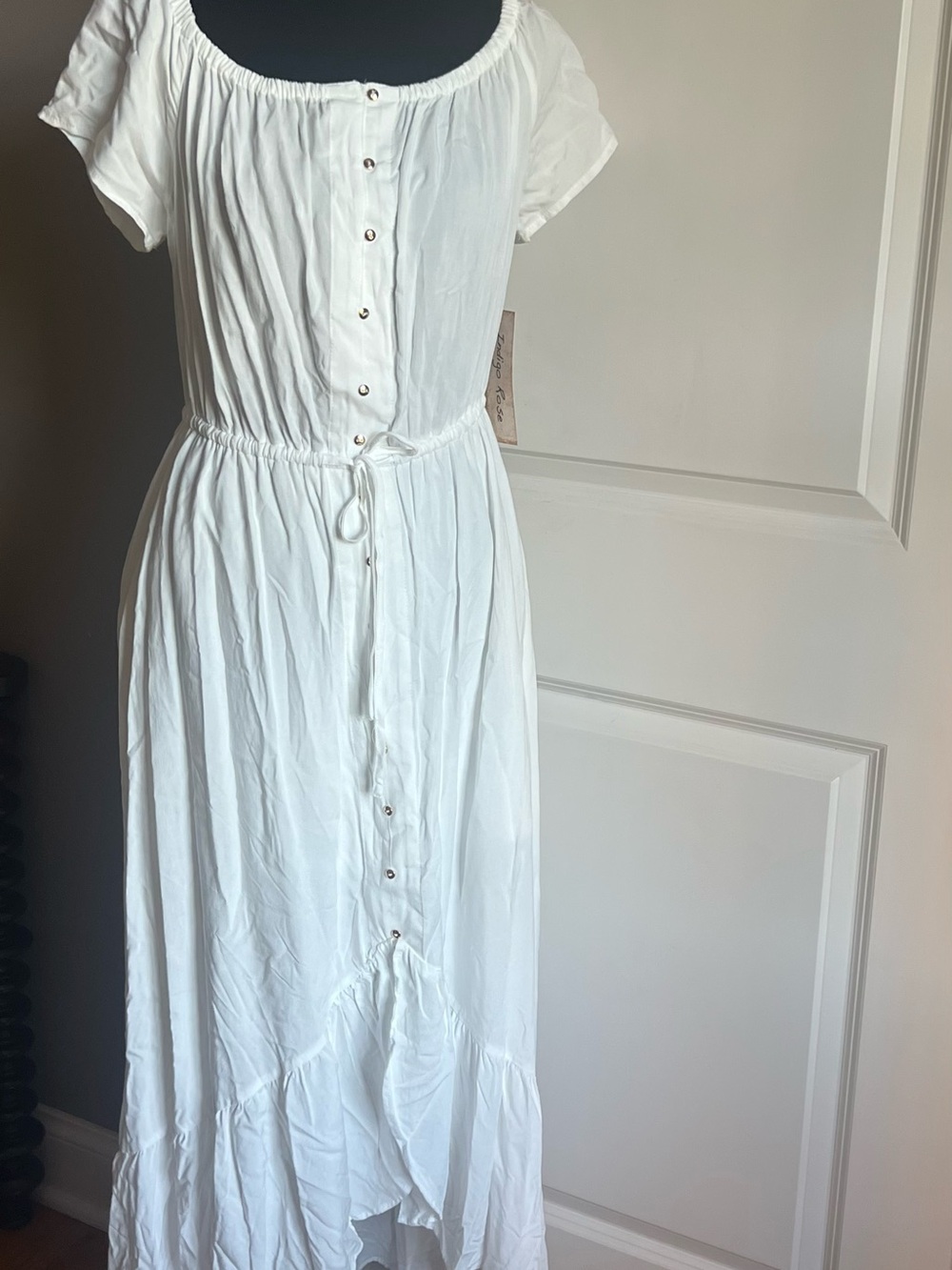 White Button-Front Maxi Dress with Tie Waist